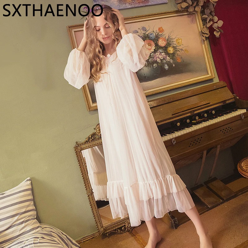 

SXTHAENOO Large Size Women Autumn Vintage Mesh Nightgowns Long Sleeve Lace Nightdress Victorian Night Dress Princess Sleepwear