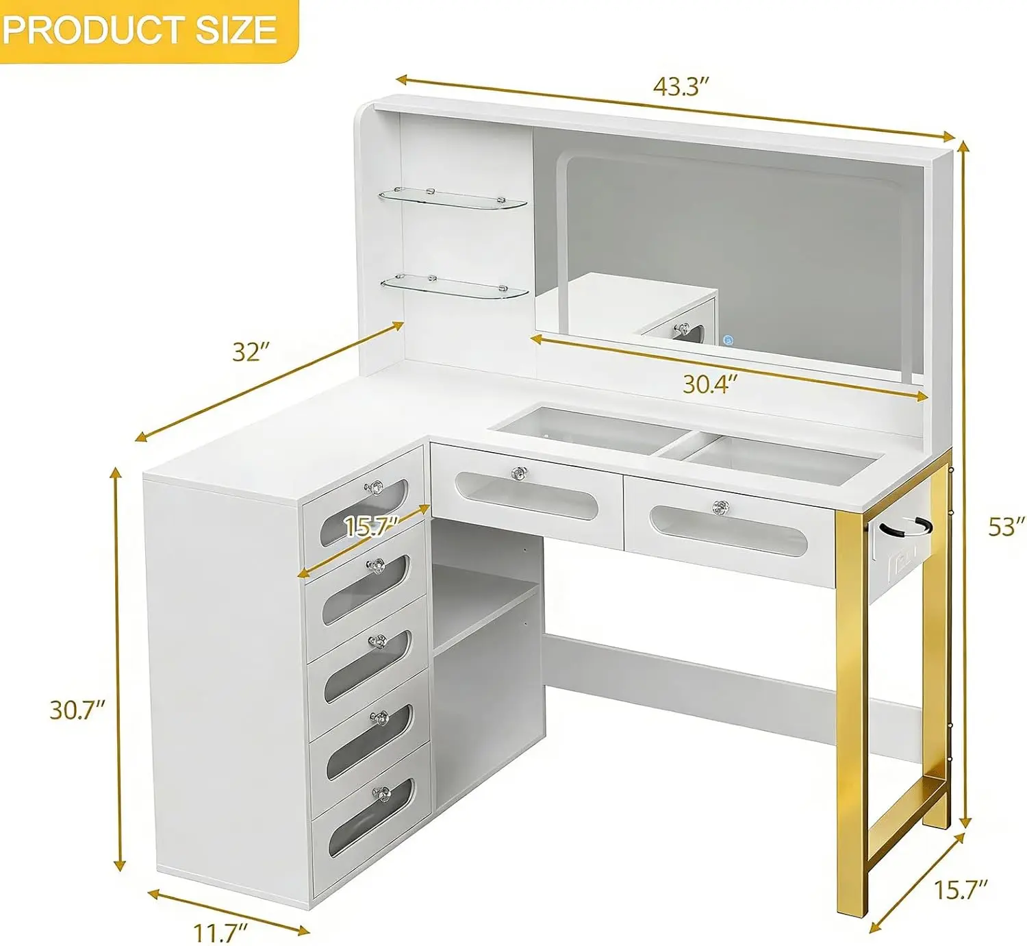 White Clear Glass Top Makeup Vanity for Bedroom with Mirror, Lights, 2 RGB Drawers, Spacious Storage & Power Outlet view 2