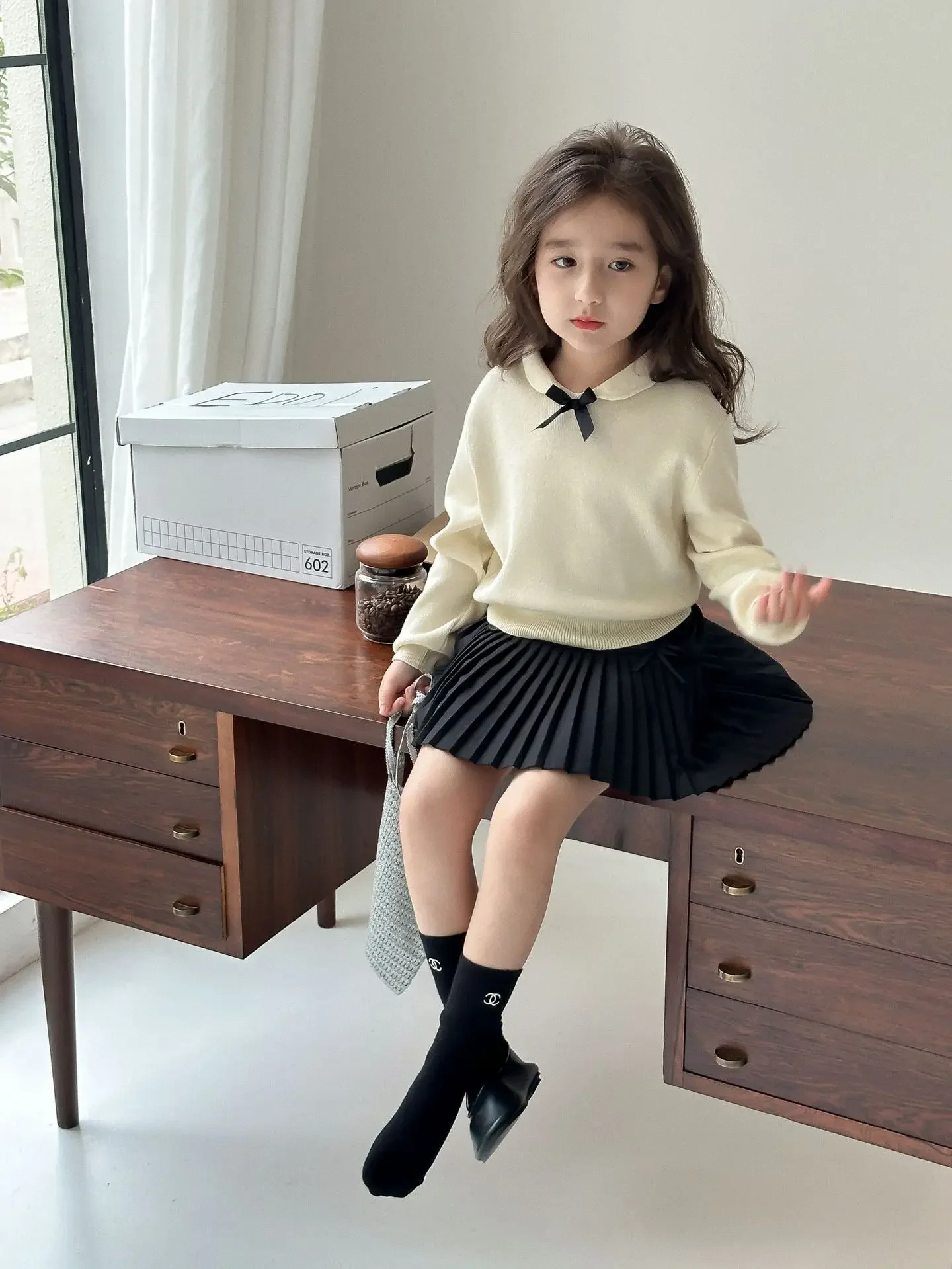 Girl Sweater Autumn Academic 2024 Bow Head Cover Sweater Doll Collar Tops Causal Versatile Childrens Clothing Sweet