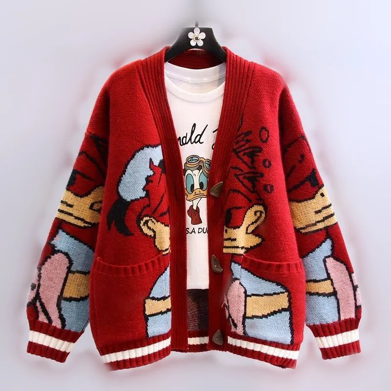

Disney Mickey Mouse Cartoon Sweater Jacket Women Autumn Winter 5 New Lazy Style Loose Thickened Knitted Cardigan Jacket