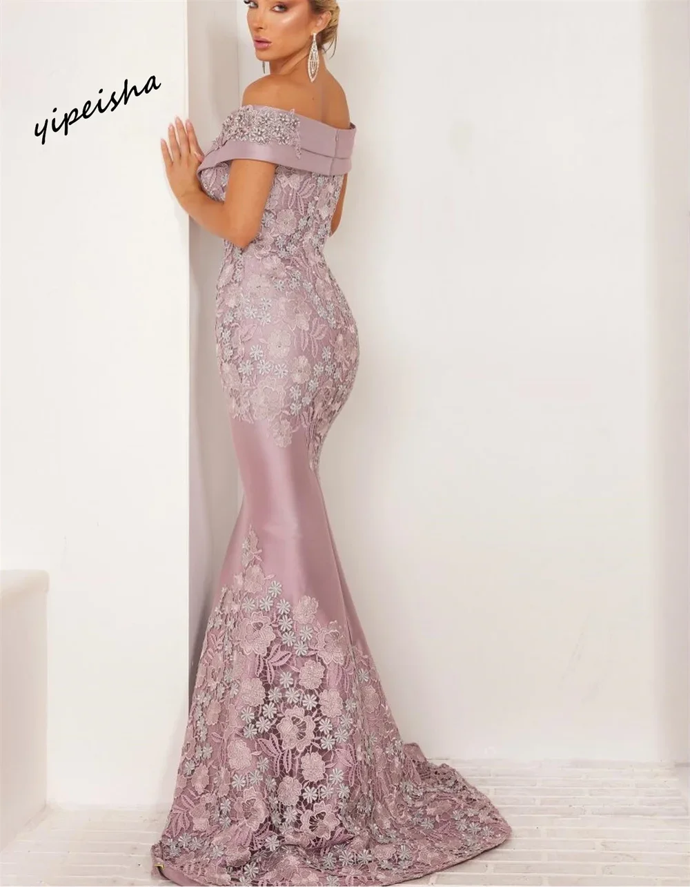 Customized  Exquisite Off-the-shoulder Mermaid Evening Dresses Lace Applique Satin Customized