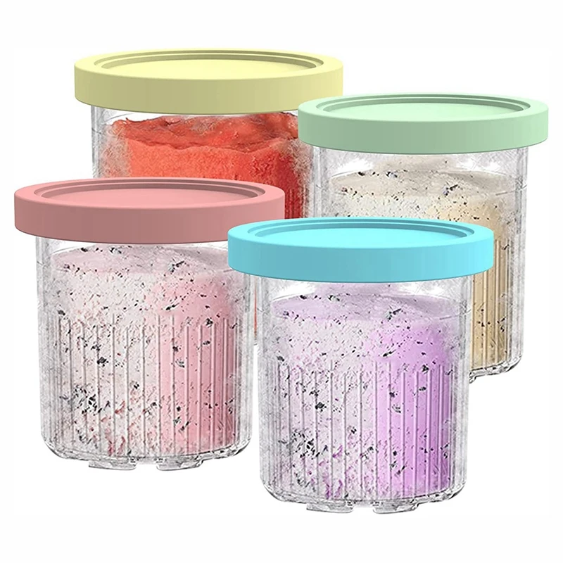 

4 PCS Ice Cream Maker Creami Pints And Lids Silicone+Plastic Replacement Parts As Shown For Ninja NC500 NC501 Series