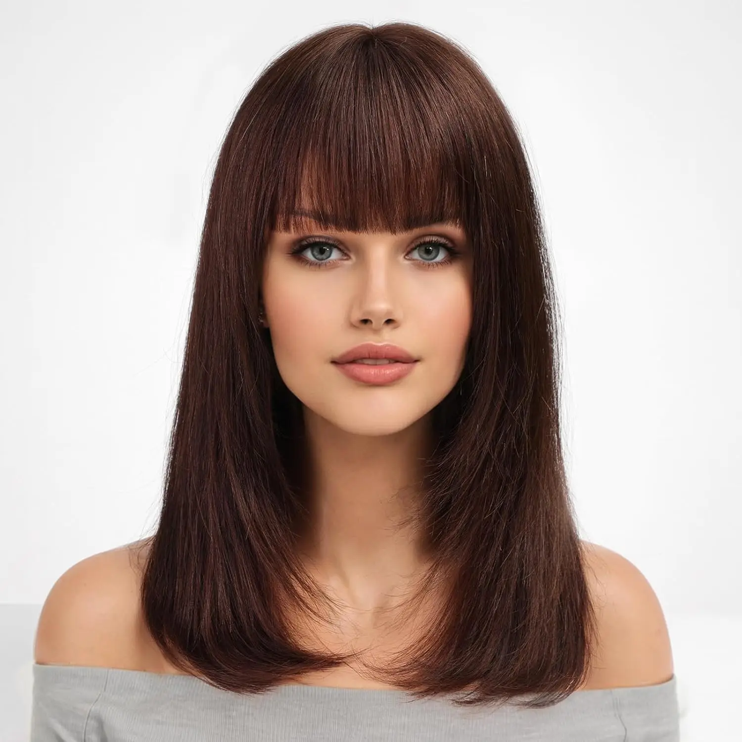 16 Inch Dark Brown Human Hair Wigs For Women,Layered Straight Hair Wig With Bangs,Wear Natural Realism