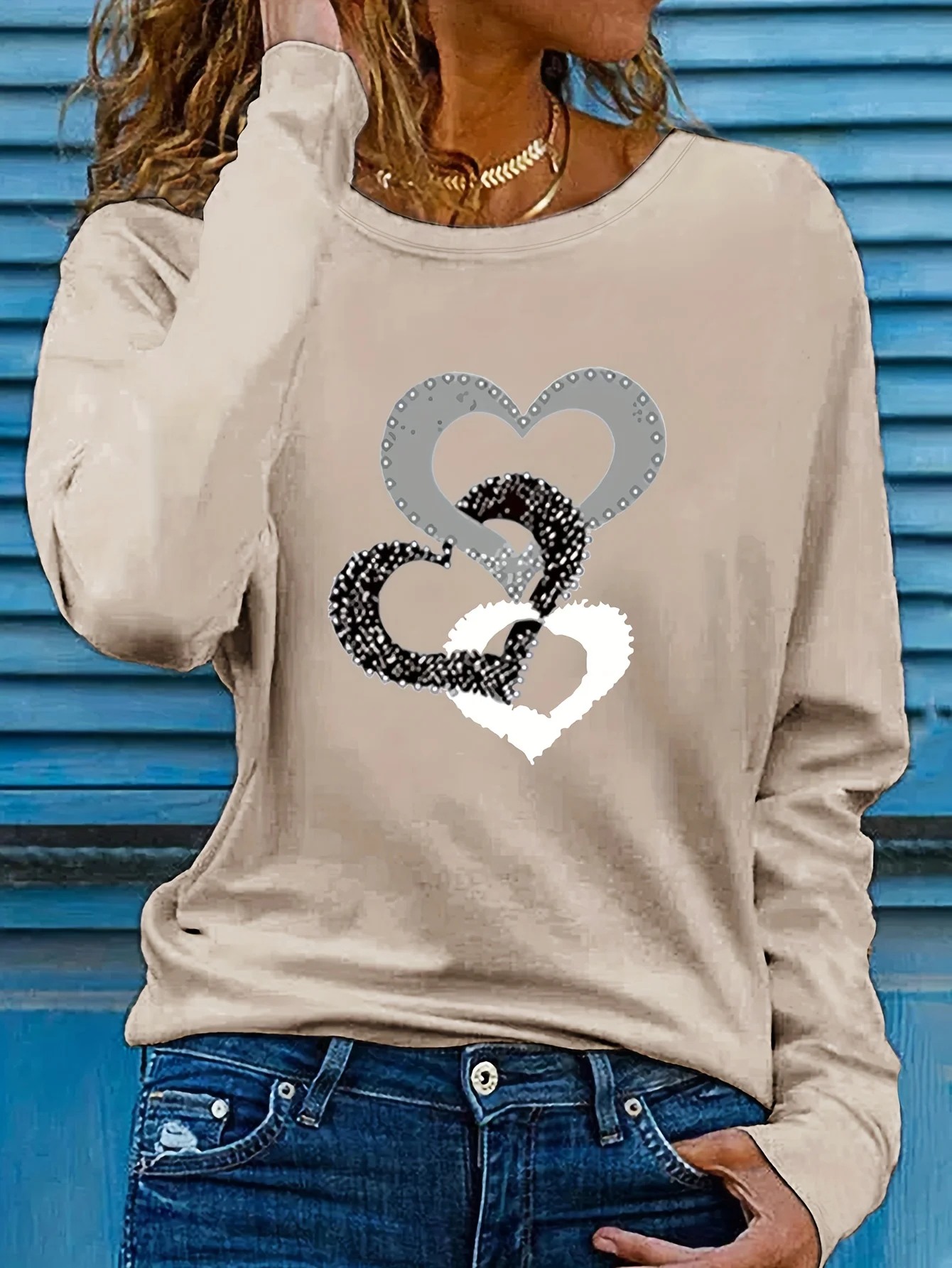 Fashion Long Sleeve T-Shirts For Women Heart Print Sweatshirts Female O-Neck Pullover Woman Sweatshirt