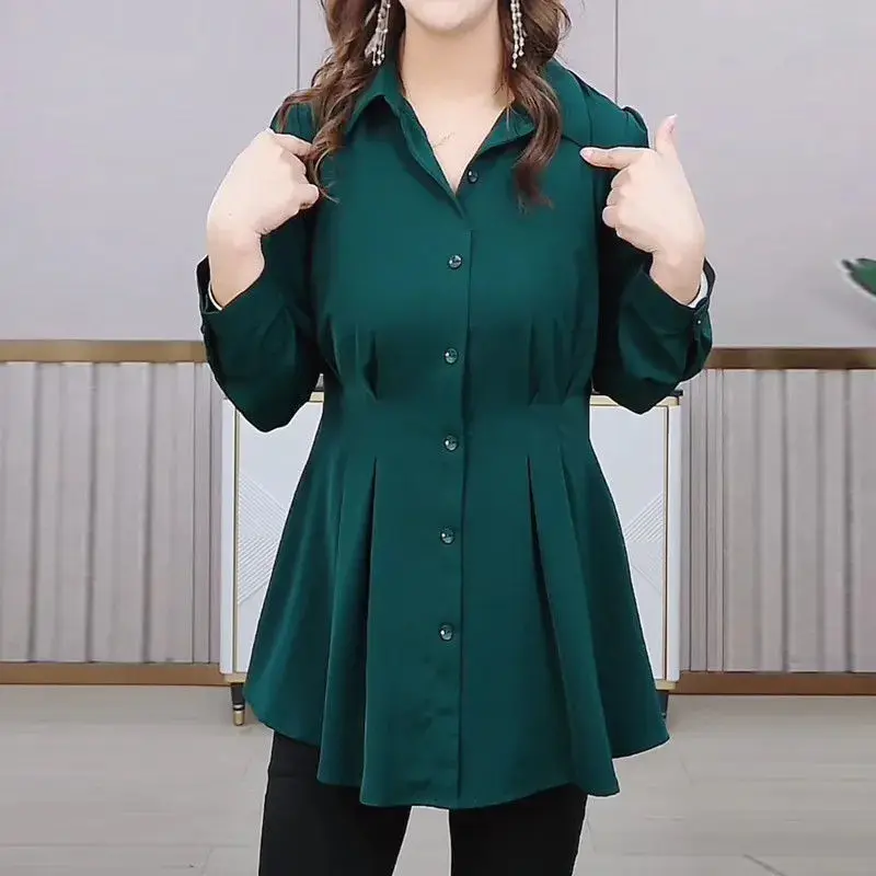 Baju blus Midi lengan panjang wanita, blus Midi lengan panjang desain Niche unik ramping modis lipit berkancing kerah Polo warna polos musim gugur untuk wanita