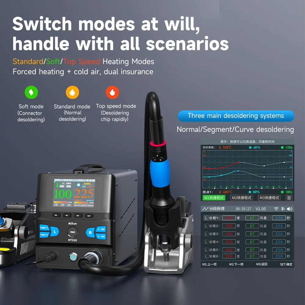 

AIXUN HT316 2-in-1 Soldering Station & 1400W Hot Air Rework Station with Bluetooth WiFi USB for Phone PCB Repair 3 Heating Modes