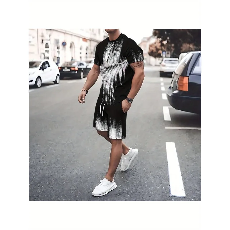 2025 Trendy Casual Daily Sports Polyester Fiber Set Fashionable Men's 3D Printed Round Neck T-shirt Shorts