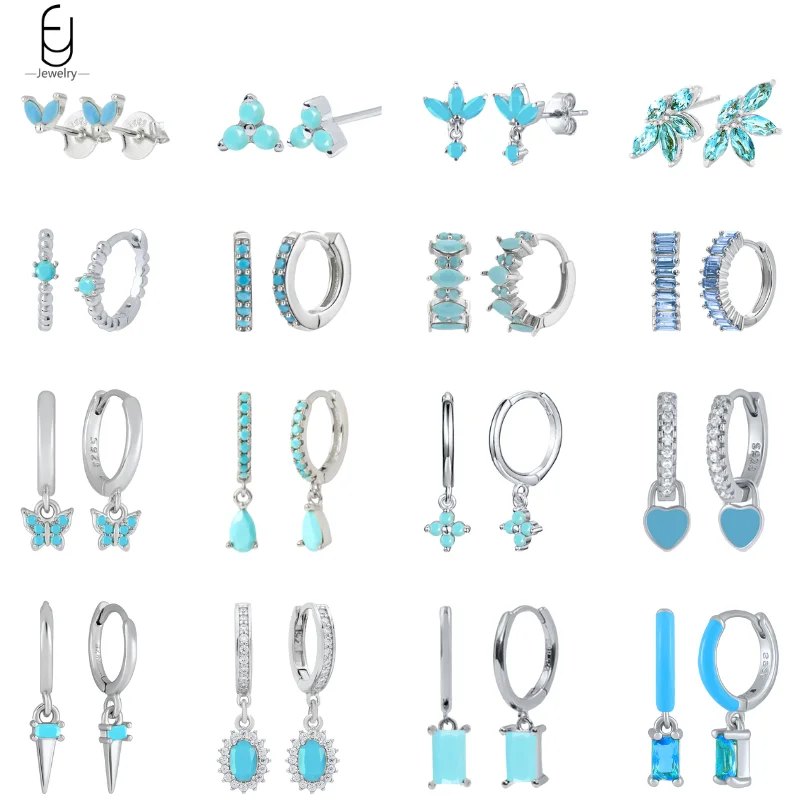 925 Sterling Silver Needle Exquisite Turquoise Silver Earrings for Women Blue Crystal Geometry Pendant Earrings Luxury Jewelry