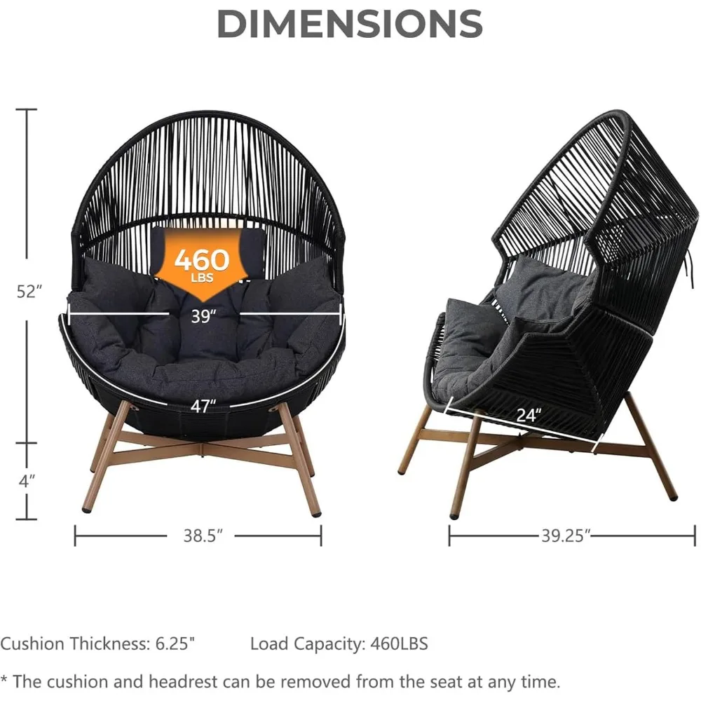 Outdoor Egg Chair PE Wicker Wood Grain Finish Comfortable Conversation with Olefin Cushion Oversized and Stand, Outdoor Chairs