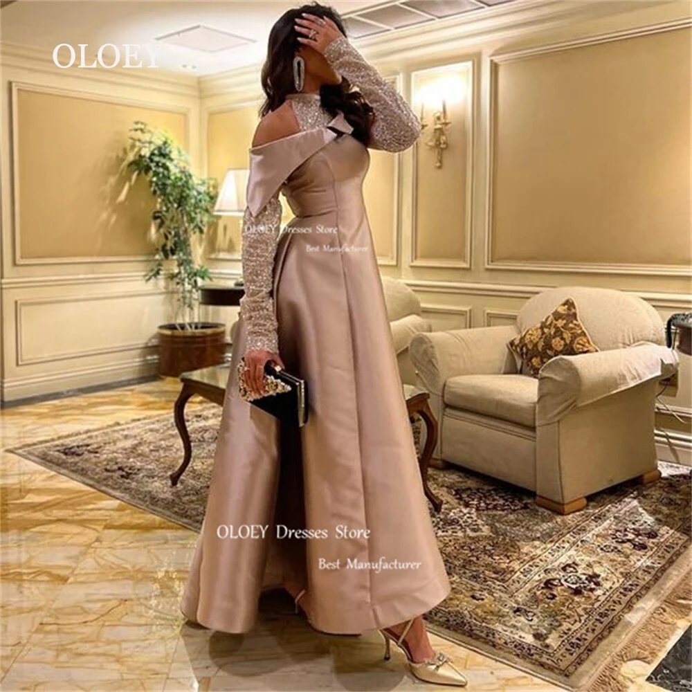 

OLOEY Elegant Silky Taffeta Evening Dresses With Beading Gloves Arabic Women Wedding Party Dresses Prom Gowns Custom Made