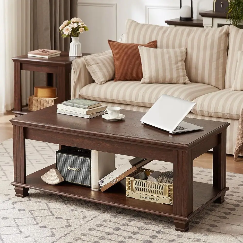 

Large Square Coffee Table with Open Storage Shelf, Rustic Brown, Walnut Finish