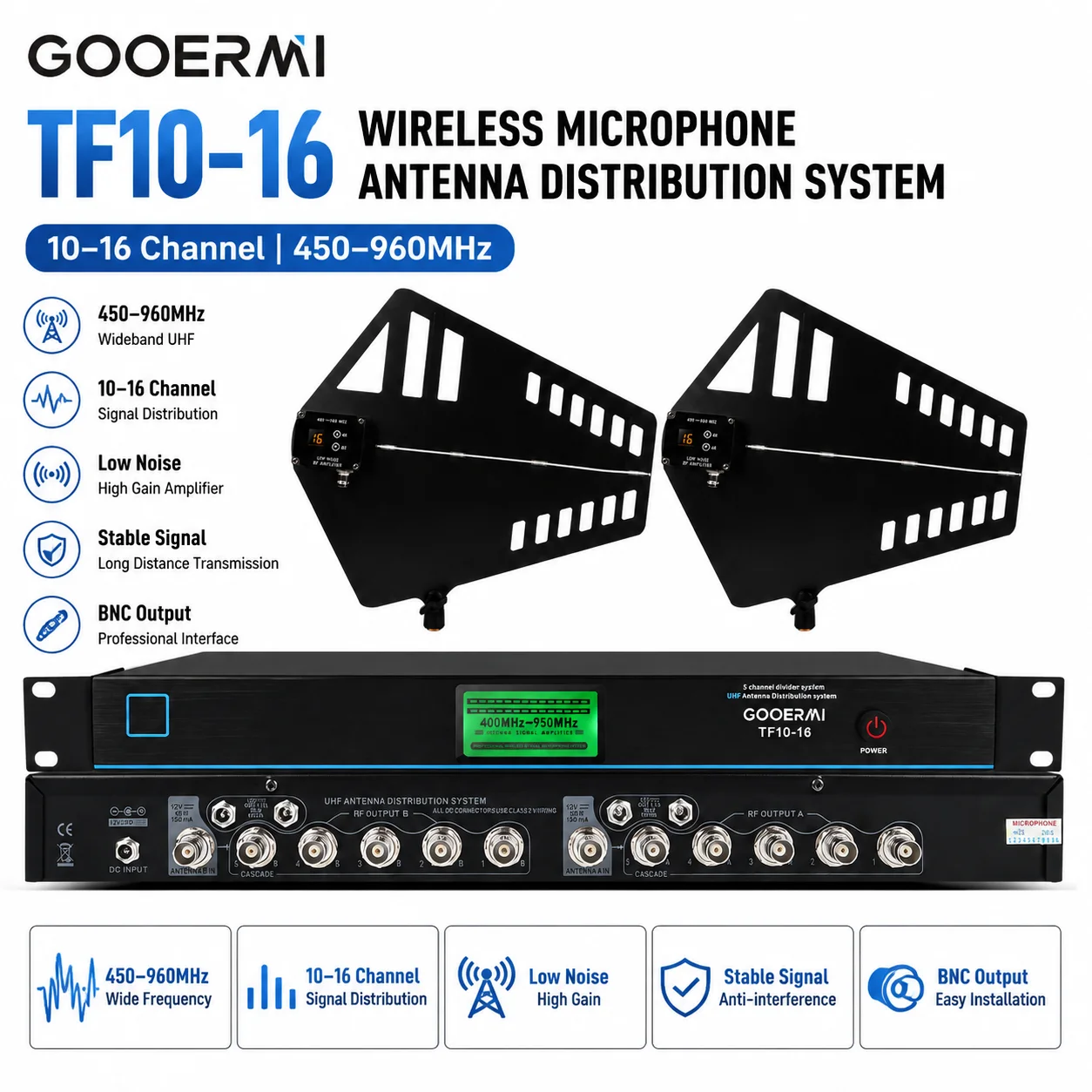 GOOERMI TF10-16 Wireless Microphone Antenna Distribution System 10-16 Channel RF Signal Amplifier 450-960MHz UHF Antenna Booster
