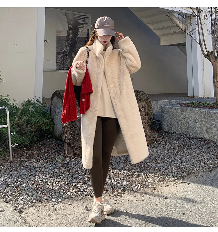 Women's Thick Faux Mink Fur Mid-length Coat Autumn Winter Fashion Stand Collar Plush Outerwear Women Elegant Warm Fluffy Jackets