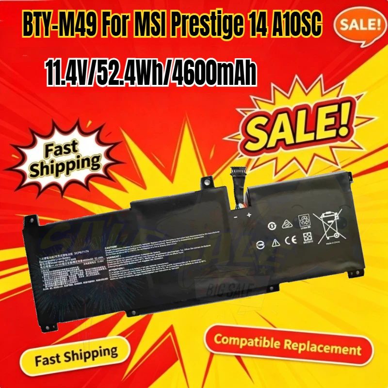 11.4V/52.4Wh/4600mAh BTY-M49 Laptop Battery For MSI Prestige 14 A10SC Prestige 14 Hands-On A10M