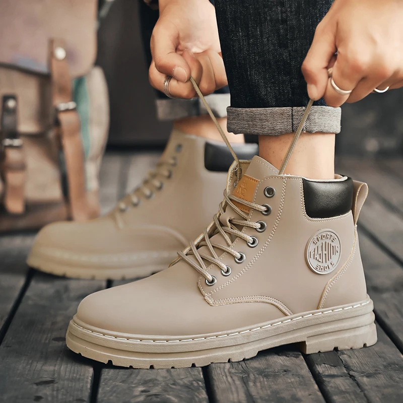 Men's Motorcycle Ankle Boots High Top Boots for Men Winter Chunky Boots  Retro Casual Lace-Up Work Footwear Botas Hombre
