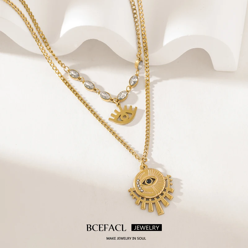 BCEFACL 316L Stainless Steel Multi-Layer Vintage Eye Pendant Necklace For Women Girl New Trend Waterproof Chain Jewelry Gift