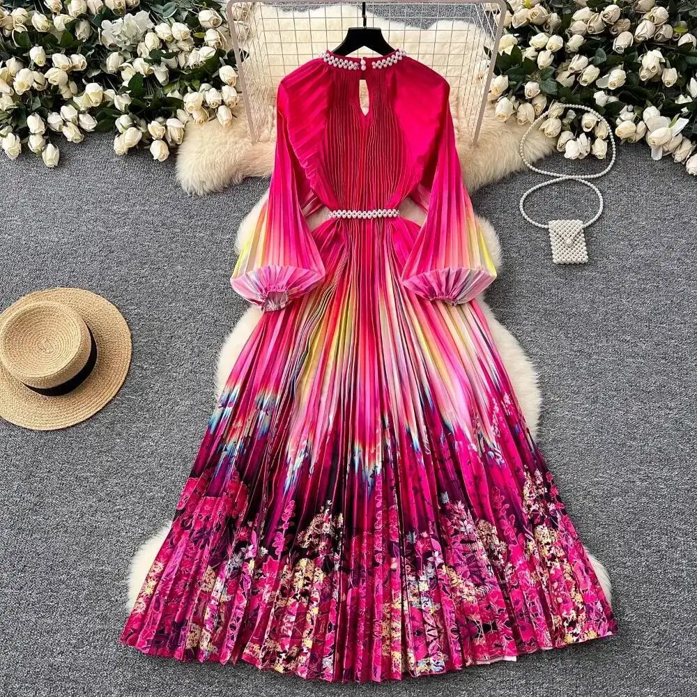 ヴィンテージ風エレガントプリーツ透かしプリントOネックランタン袖Aラインワンピース 春秋ファッション レディースドレス