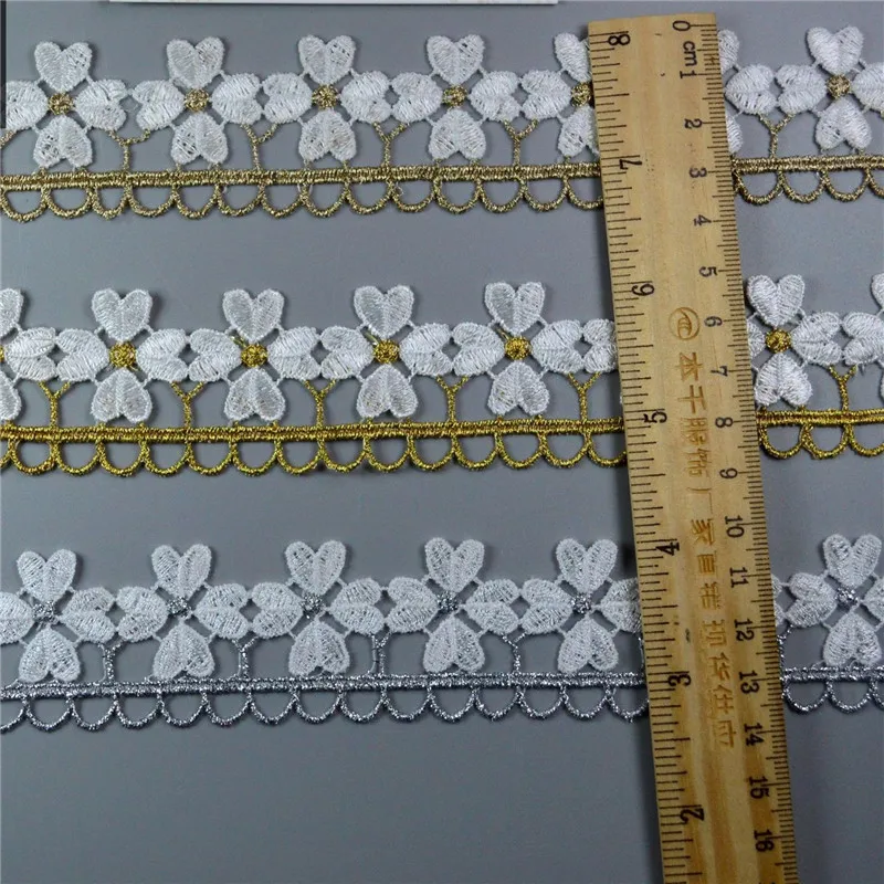 2-20Yds 3.5cm Wide Golden Sliver Edge White Flower Fabric Diy Wedding Fluorescent Gold Thread Embroidery Lace Accessories Trim