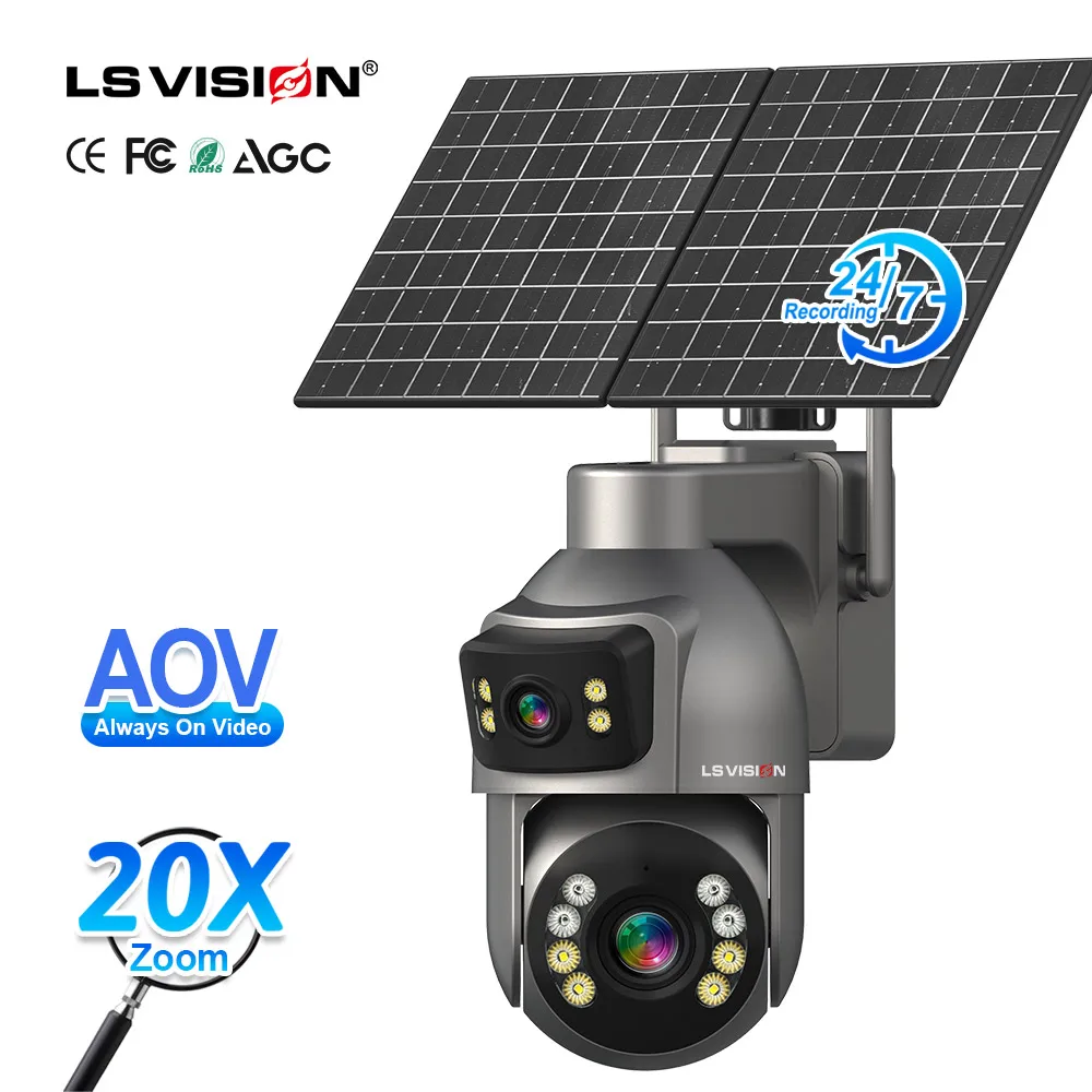 LS VISION 2K تعمل بالطاقة الشمسية كاميرا CCTV خارجية 4G WiFi اتجاهين الصوت للرؤية الليلية لأمن المنزل AOV كاميرا تعمل بالطاقة الشمسية