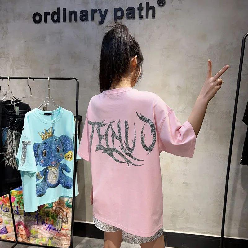 Cartoon Dinosaur Loose Pink Short Sleeve T-shirt Female Summer New Fashion Brand Hot Drilling Shiny Cotton Round Neck T-shirt