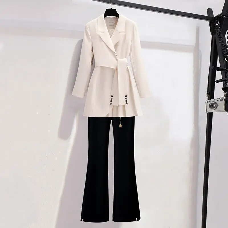 2023 Spring New Lace-up Pleated Suit Dress Jacket Blazer Chain Pants Two-piece Elegant Women\'s Pants Suit Office Outfits