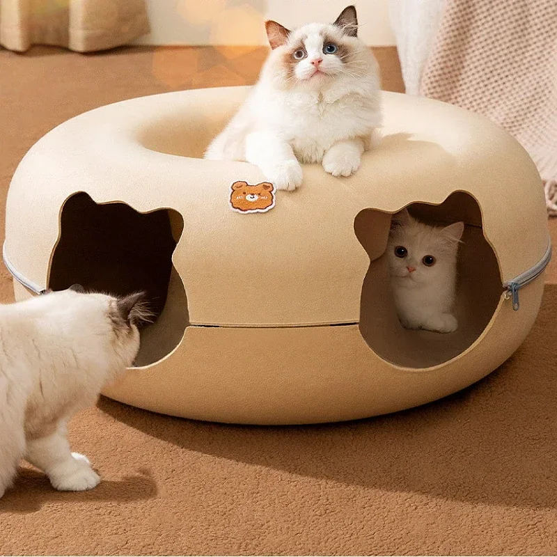 

Cartoon Cute Shaped Interactive Toy for Cats House Felt Tunnel Cave Beds Removable Donut with Zipper Nest Basket Kitten Supplies