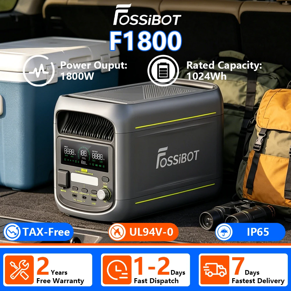 [Expédié depuis l'Europe] Station d'alimentation portable FOSSIBOT F1800, capacité 1024Wh, batterie LiFePO4 avec plus de 4000 cycles, puissance nominale 1800W, 8 ports de sortie, écran LCD HD intelligent, éclairage LED