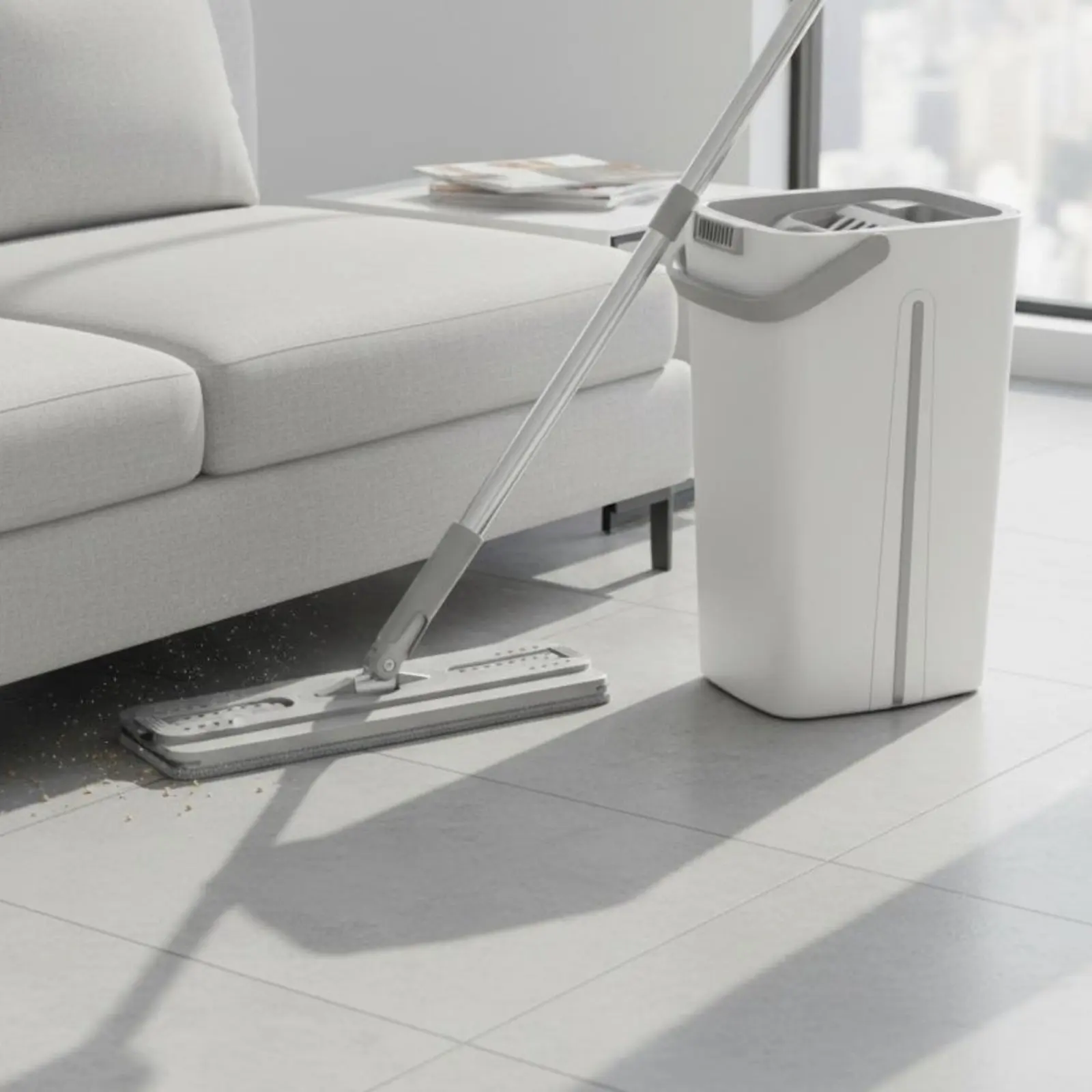 Hands-No-Contact Flat Mop Built-in Squeegee Automatic-Wringing Mop and Container System for Hardwood Floors