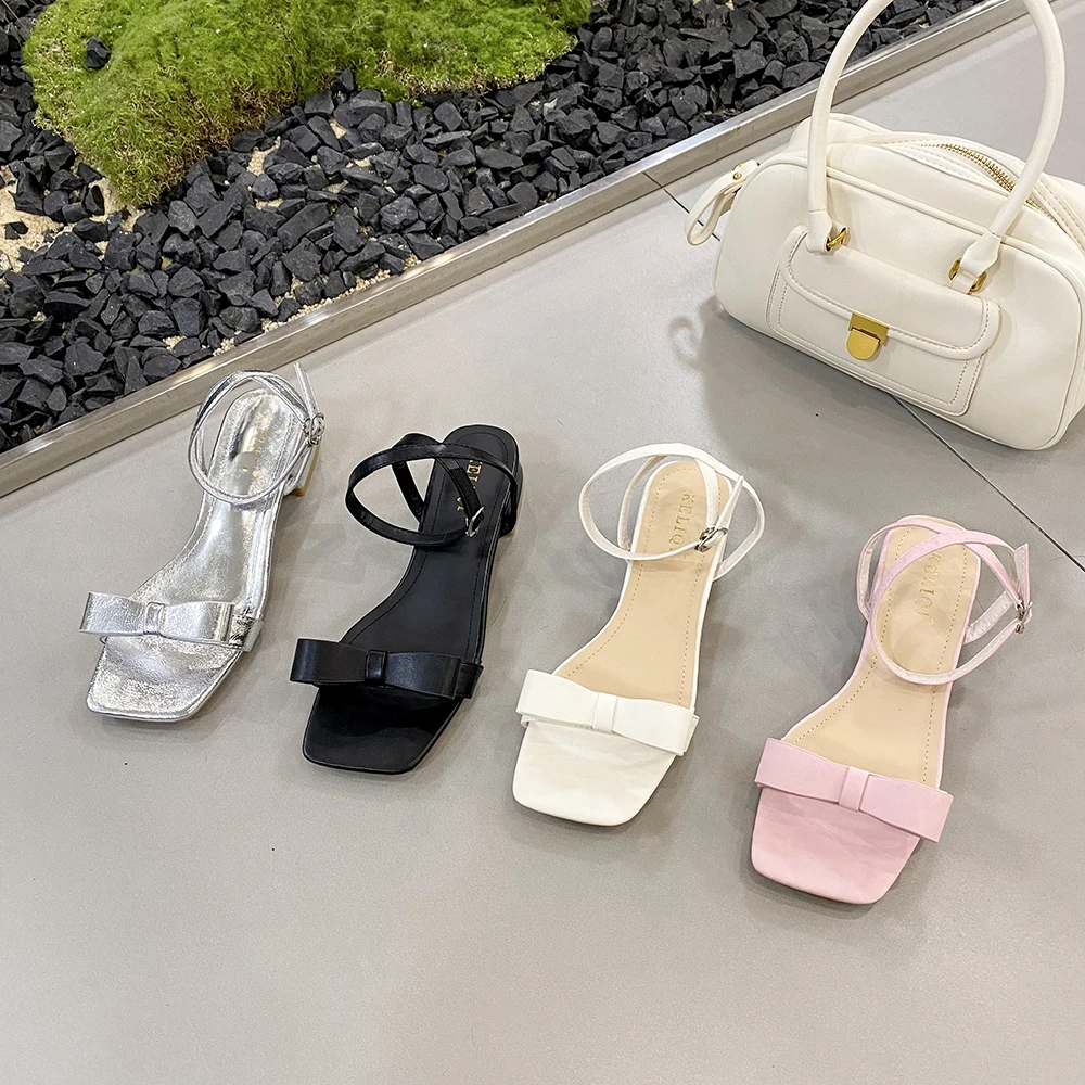 Square Toe Women Sandals 2023 New Arrivals Bow Design Black Silver Beige Pink Flat Low Heels Summer Dress Sandals Pumps Shoes 39