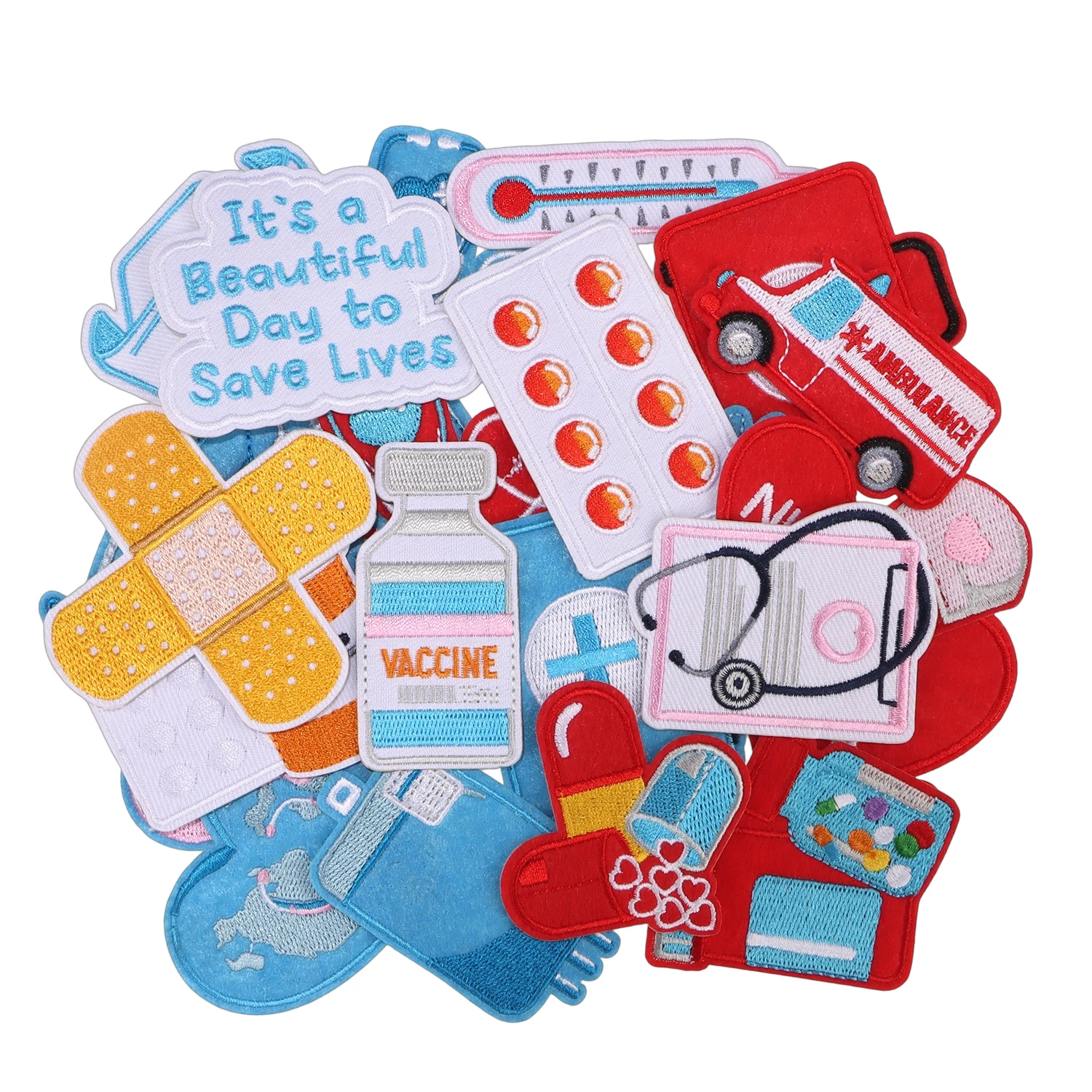 Lot de patchs brodés sur le thème médical : ambulance, stéthoscope, pansement, vaccin – Appliques thermocollantes pour infirmières, médecins, blouses et sacs