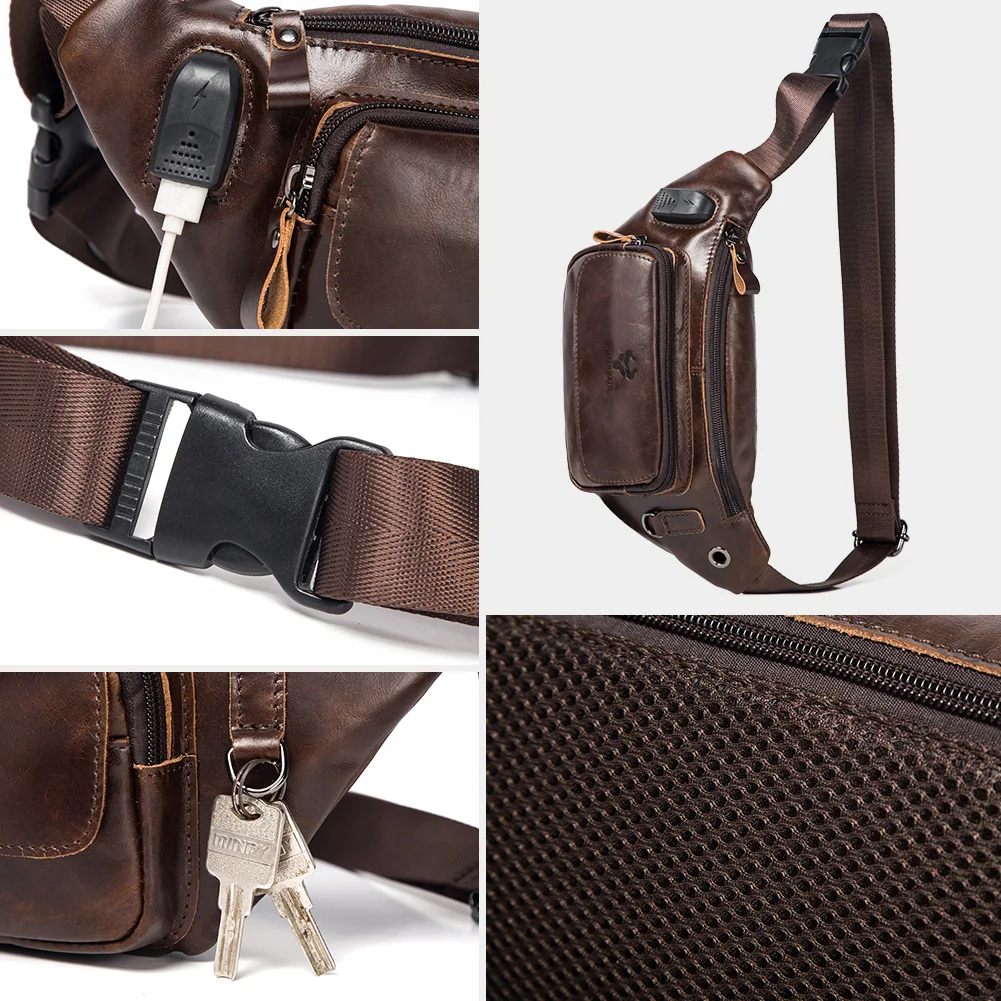 KAVIS 100% Genuine Leather For Men Multifunction Outdoor Fashion USB charging Outdoor Chest Bag Travel Crossbody Bages ﻿