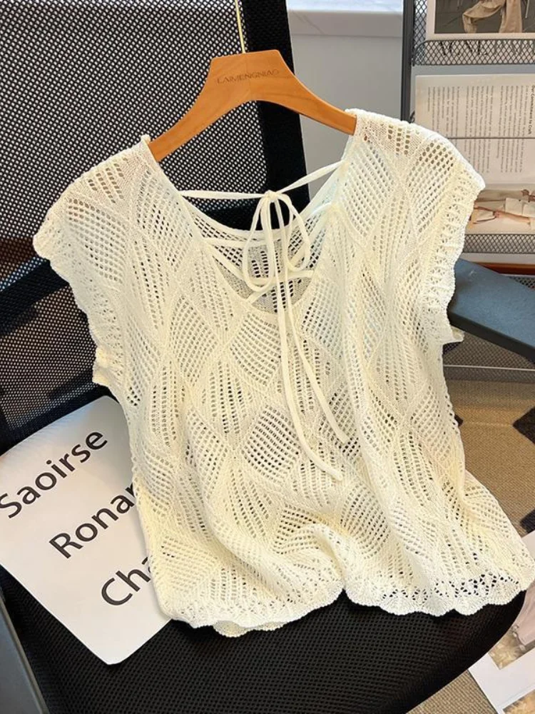 Summer Sweater Vests Women Lace-up Retro Thin Femme Korean Fashion Slim All-match Solid Knit Holiday High Street V-neck Popular