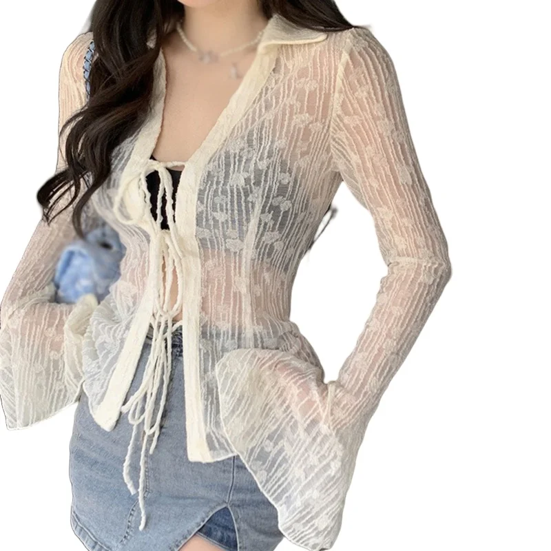 Summer Sun Cardigan Waist Slim-Fit Semi-Fluoroscopy Chiffon Shirt Tied Lace Up Solid Color Women\'s Shirt Cardigan Slim Fitting