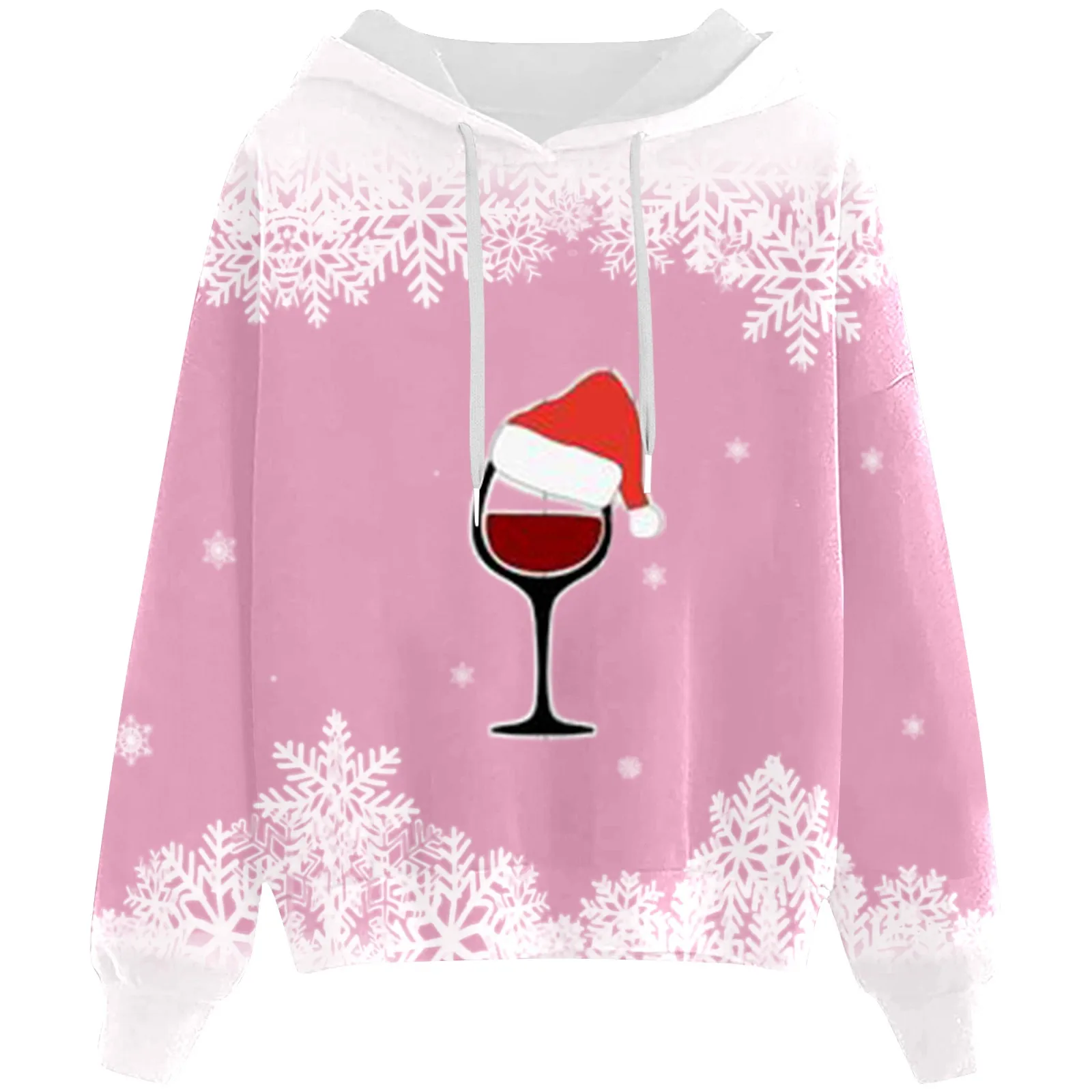 ﻿ 2024 Christmas Hoodies For Women Xmas Wine Cup Long Sleeve Sweatshirt Female Cute Snowflakes Graphic New Year Pullovers