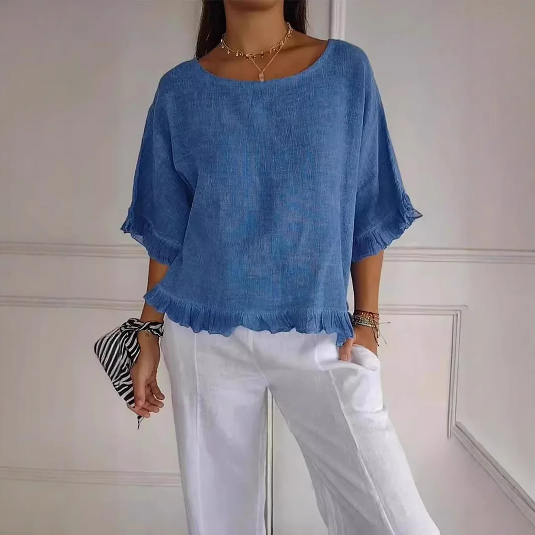 

2024, летняя новая однотонная футболка с рюшами, женский повседневный топ с короткими рукавами