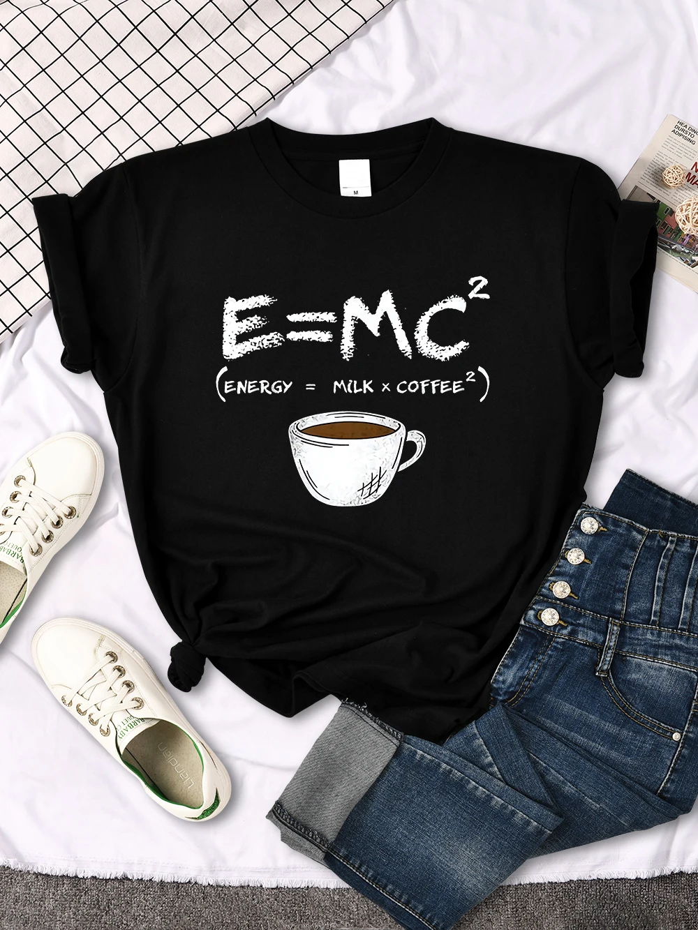 Womens T-Shirts Energy = Milk * Coffee Cartoon Print Tshirt Famale Oversized Kawaii Casual O-Neck Tops Cozy Soft Loose Tshirts