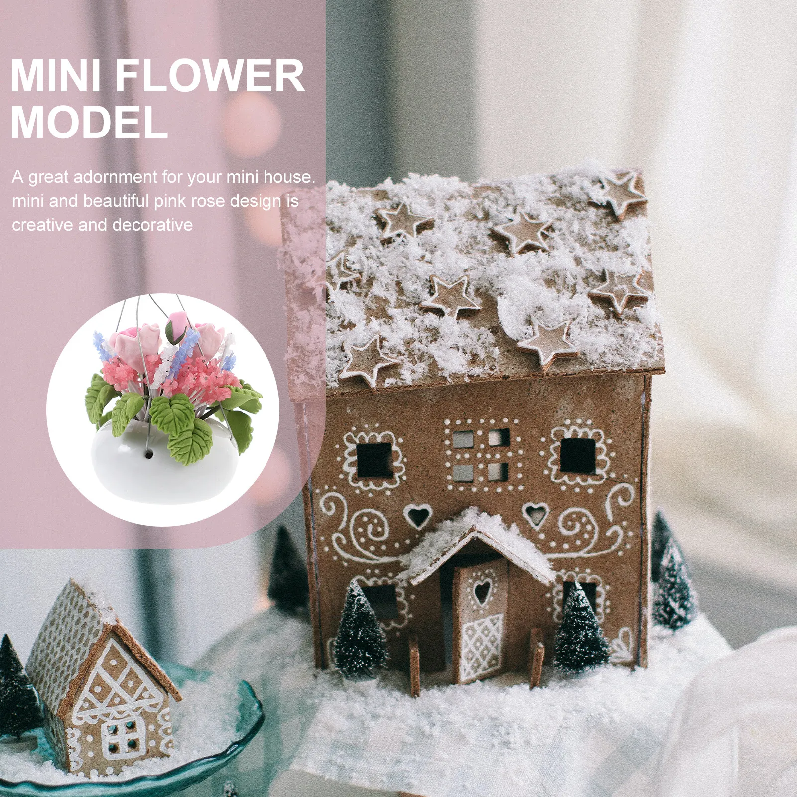 

1Pcs Mini Plant Potting Adornment 1:12 Creative Pink Rose Hanging Basket Decoration for Mini House Home Decor Miniature Flower