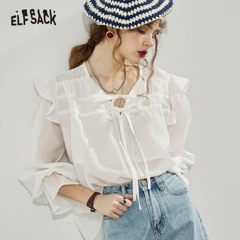 Imagem -02 - Elfsack Branco Chiffon Blusas Femininas 2023 Primavera Manga Longa Básico