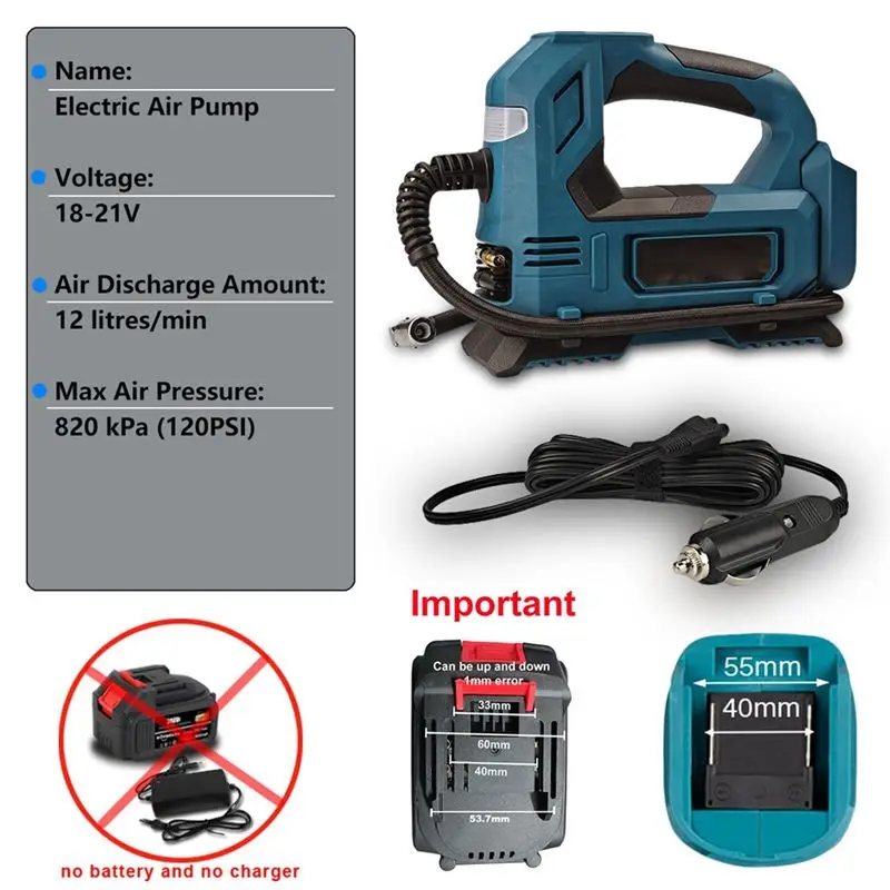 DTA6 Cordless Electric Air Pump for 18V Battery, Car Tire Inflator Air Compressor with Auto Shut Off, Digital Display, Portable