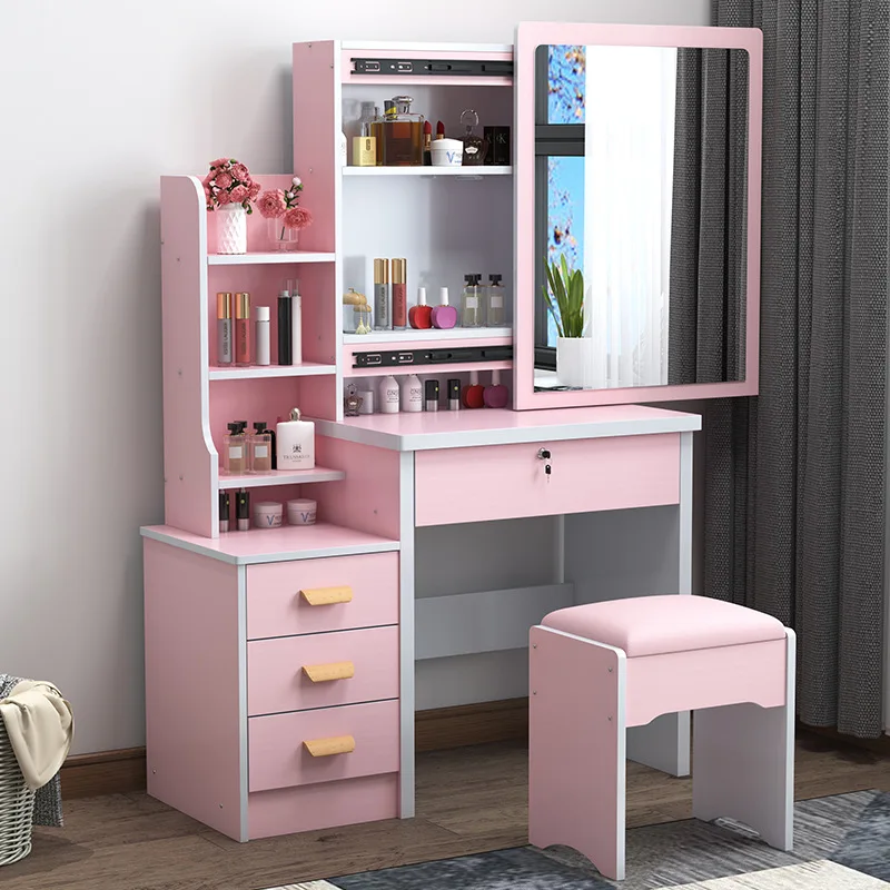 #Modern Simple Panel Storage Dressing Table with Sliding Mirror for Small Apartment Bedroom