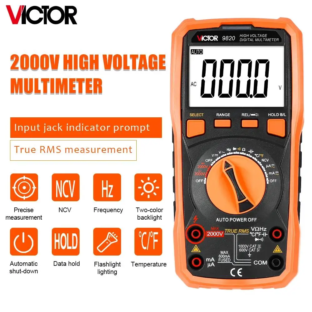 

Victor 9820 2000V High Voltage Digital Multimeter For Mine AC DC Voltmeter True RMS Resistance Capacitor Tester Frequency Meter