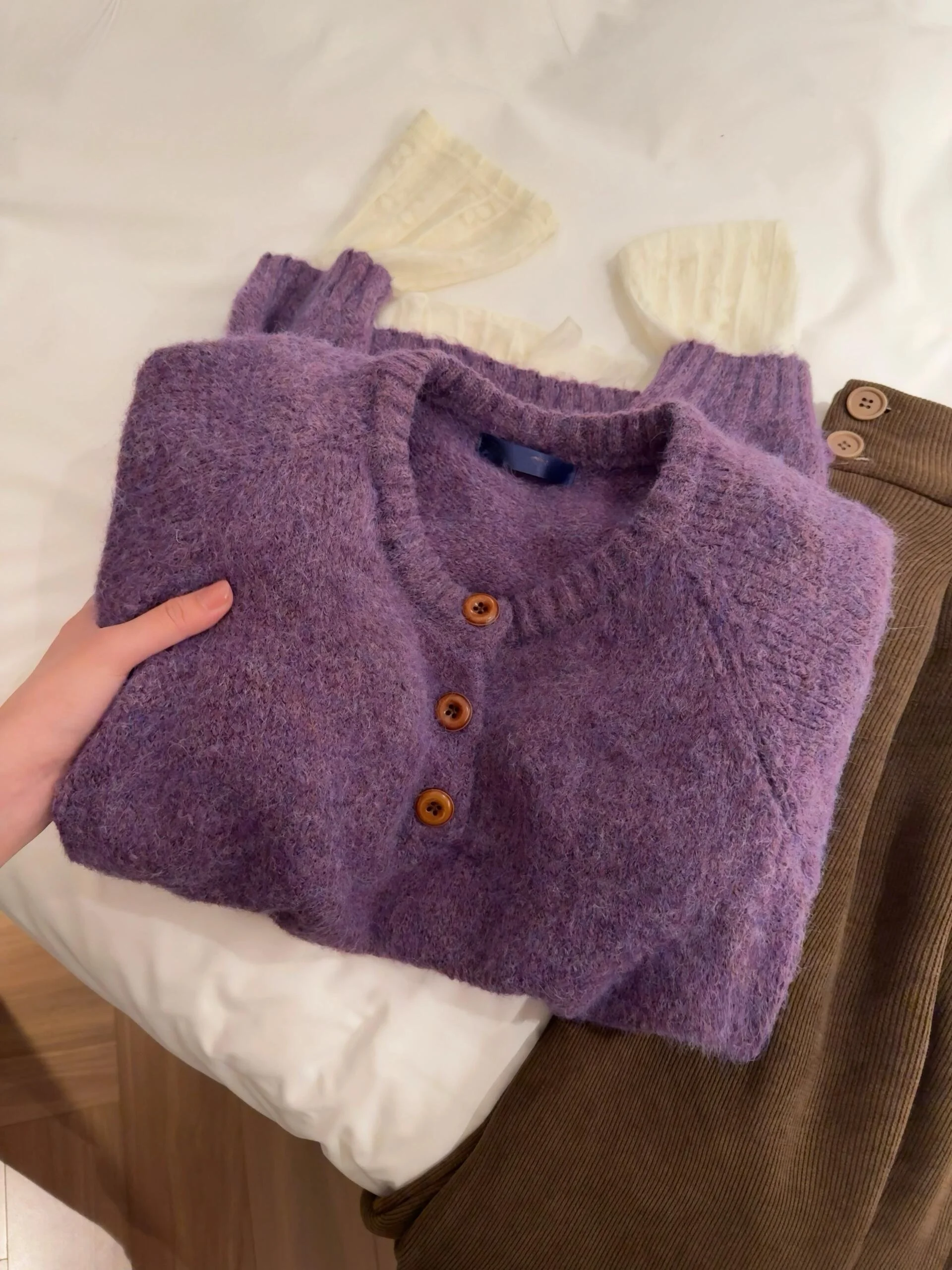 Lila weiche gemütliche runde Ne gestrickte Pullover Damen lose faule Sle Herbst Winter koreanische Aosphere trendige Top