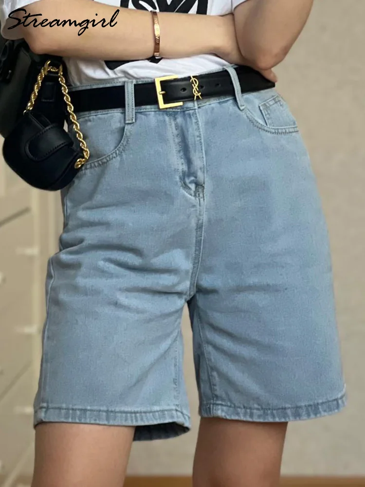 MiuKoMiYa Blue Denim Shorts Women High Waist Bermuda Short Jeans Summer Fashion Straight Women's Denim Shorts Jeans Summer