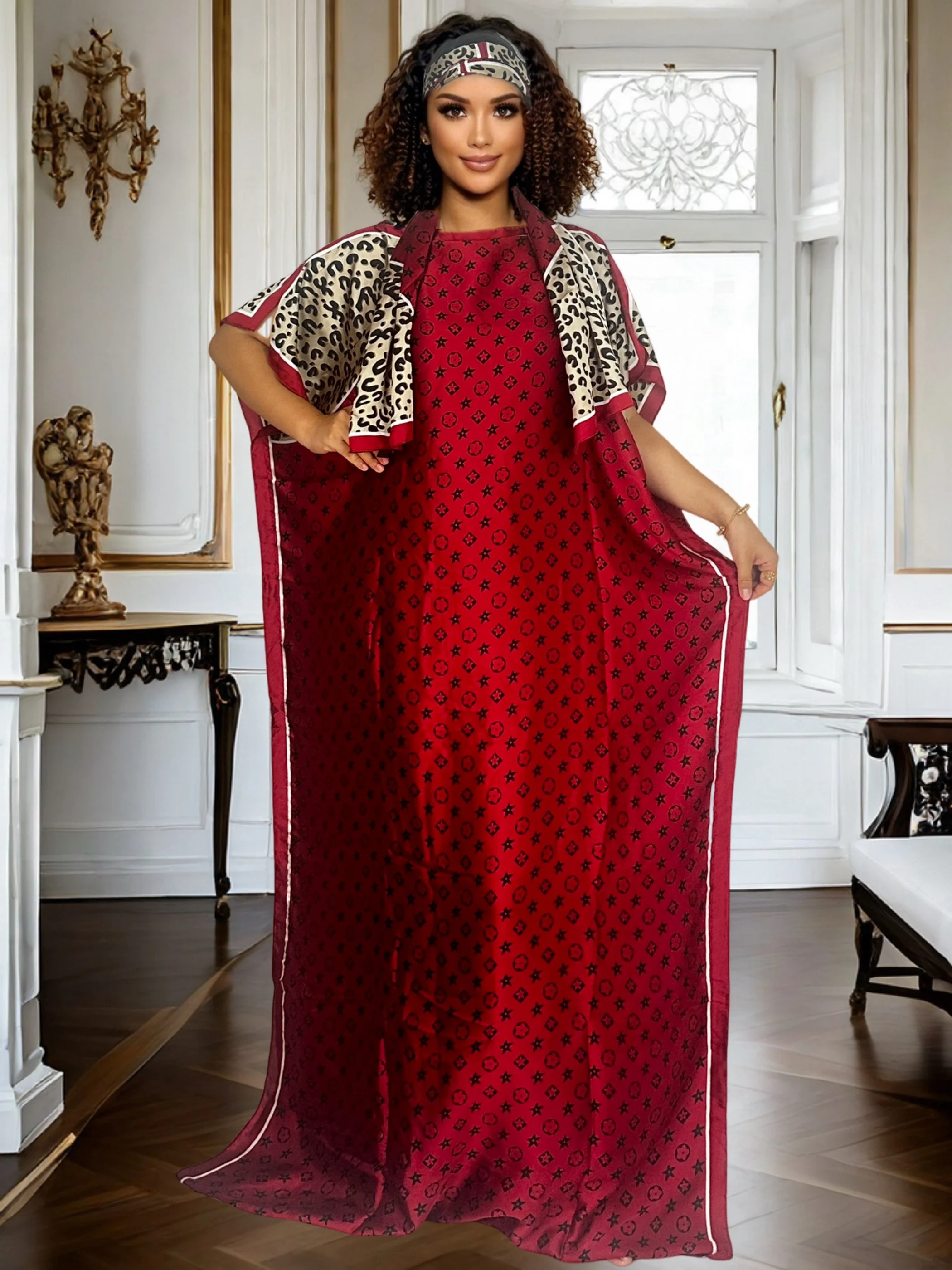 Women African Kaftan Maxi Dress Leopard Spliced Print Oversized Loose Abaya Robe Satin Long Caftan Home Party Evening Gown