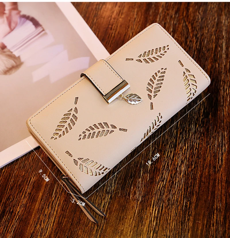 Damen-Geldbörse aus PU-Leder, lange Geldbörse mit goldenem Hohlblattmuster, Clutch-Geldbörse, multifunktionaler Kartenhalter, Münzfach für Damen – Detail 2