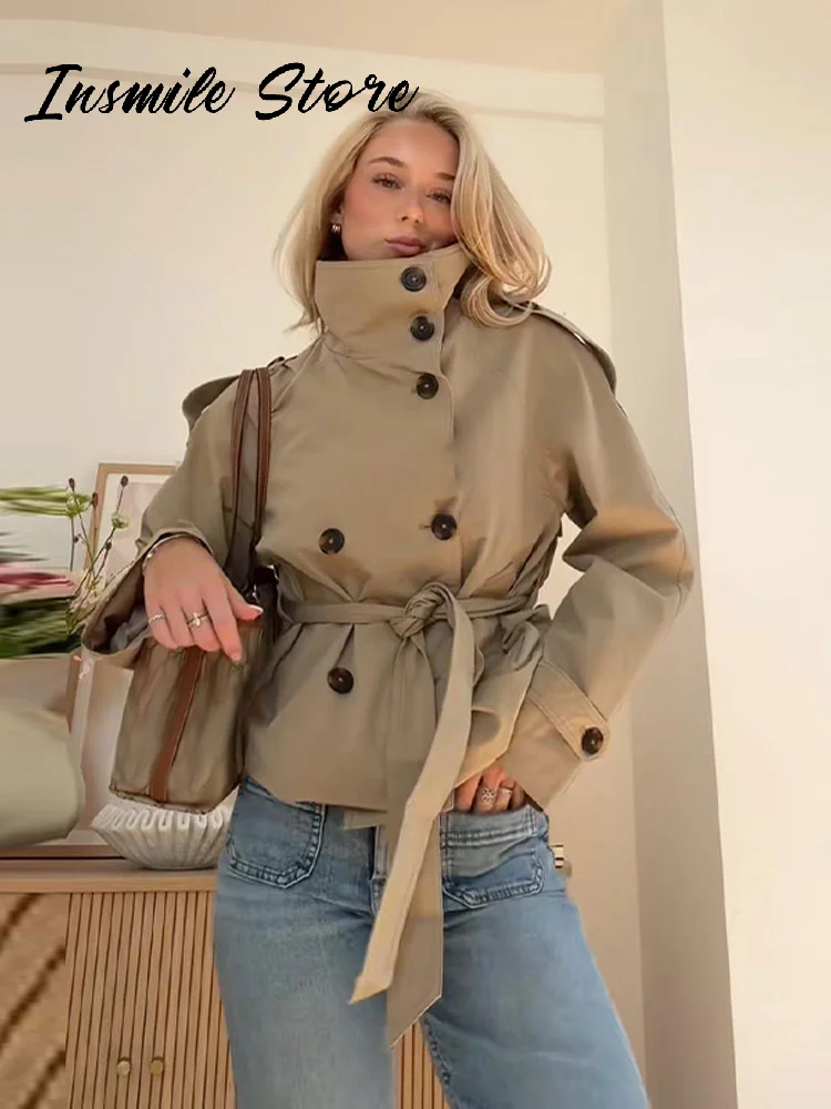 Fashion Belt Short Trench Coat Women Stand Collar Double Breasted Long Sleeve Jacket 2026 Spring Autumn Lady Street Outwear New 3 Fashion Belt Short Trench Coat Women Stand Collar Double Breasted Long Sleeve Jacket 2026 Spring Autumn Lady Street Outwear New 3