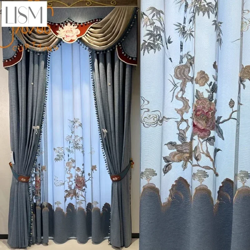 New Embroidered Window Screen Blue Gray Jacquard Thickened Blackout Curtains For Living Room Bedroom Villa Customization Valance