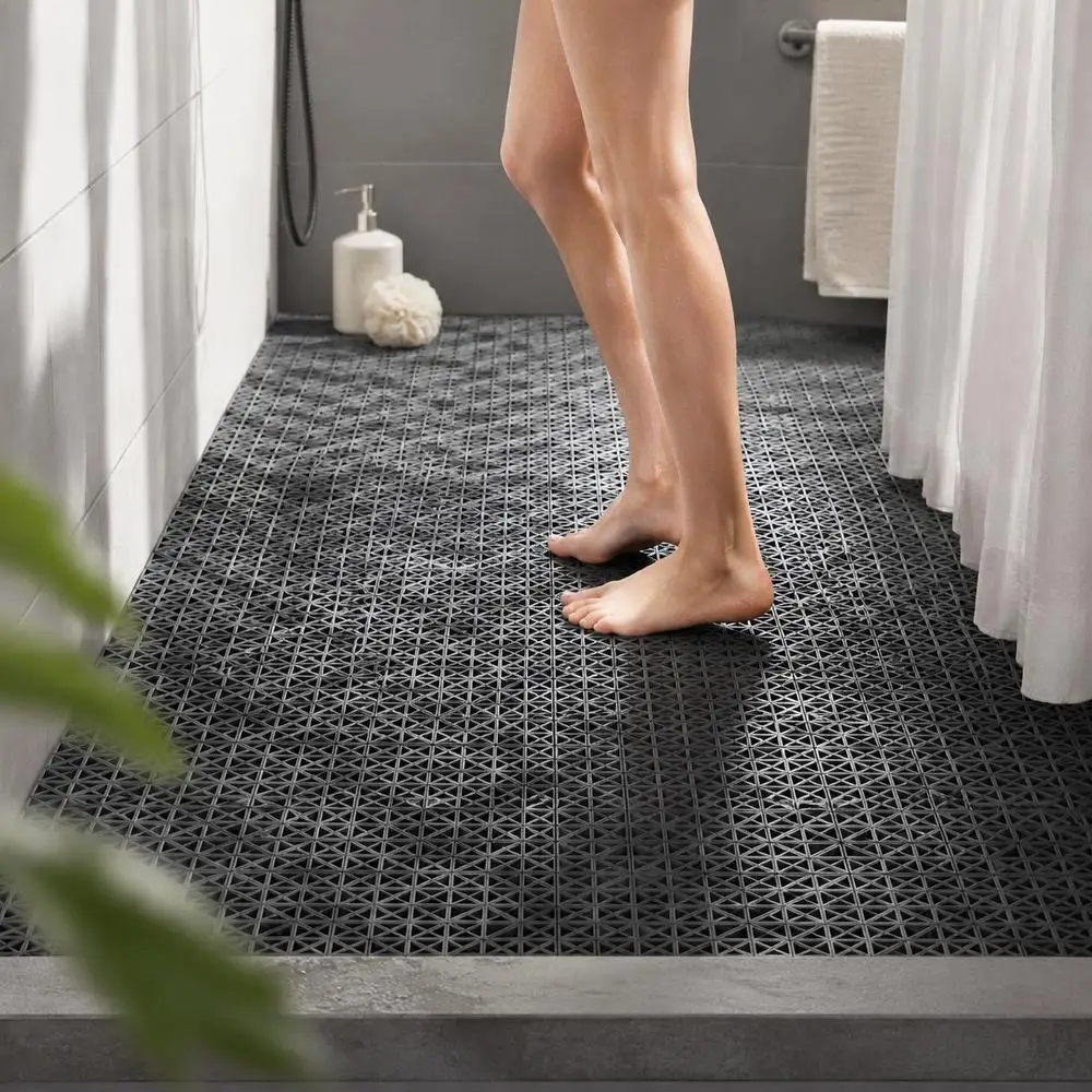 Dalles de sol emboîtables (avec fermoir de fixation) : 12 x 12 x 0 cm, noires, en PVC robuste, tapis de drainage antidérapants, 12 pièces, montage facile, entretien minimal, pour terrasse et balcon