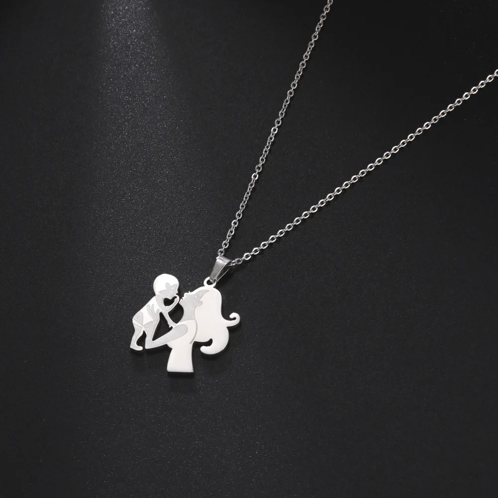 New fashionable stainless steel warm family long curly hair mother holding son pendant necklace accessory, versatile collarbone