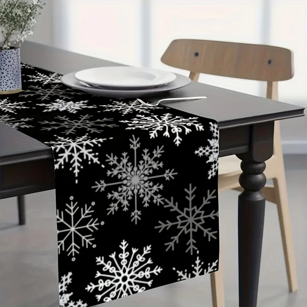 1 Stück Weihnachtsferien-Tischläufer mit Schneeflocke in Schwarz und Weiß – festliche Feiertags-Tischdekoration – perfektes Geschenk für Weihnachten